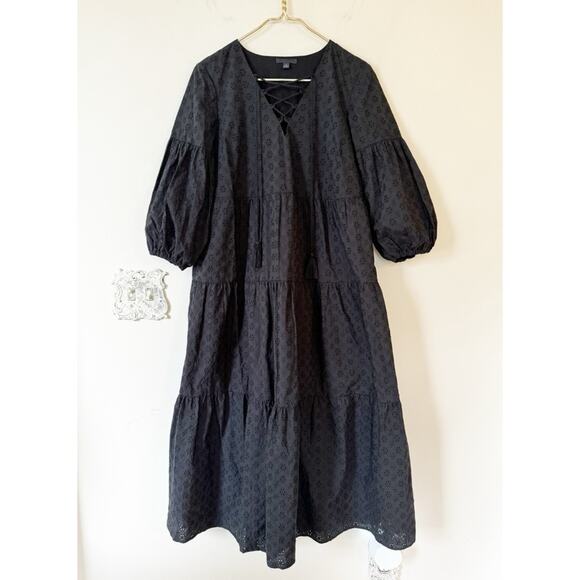 Brooks Brothers Black Daisy Eyelet Cotton Tiered Tassel Tie Neck Midi Dress 4 - Picture 4 of 10